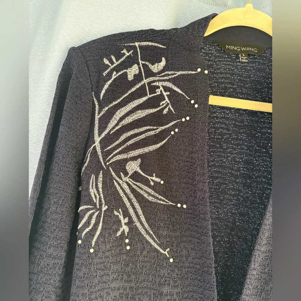 Ming Wang L navy blue white cardigan hook front career wear pit2pit 21 length 32 - Picture 3 of 7
